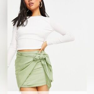 NWOT ASOS Design Sage Green MINI SKIRT WITH KNOT WRAP DETAIL sz 2